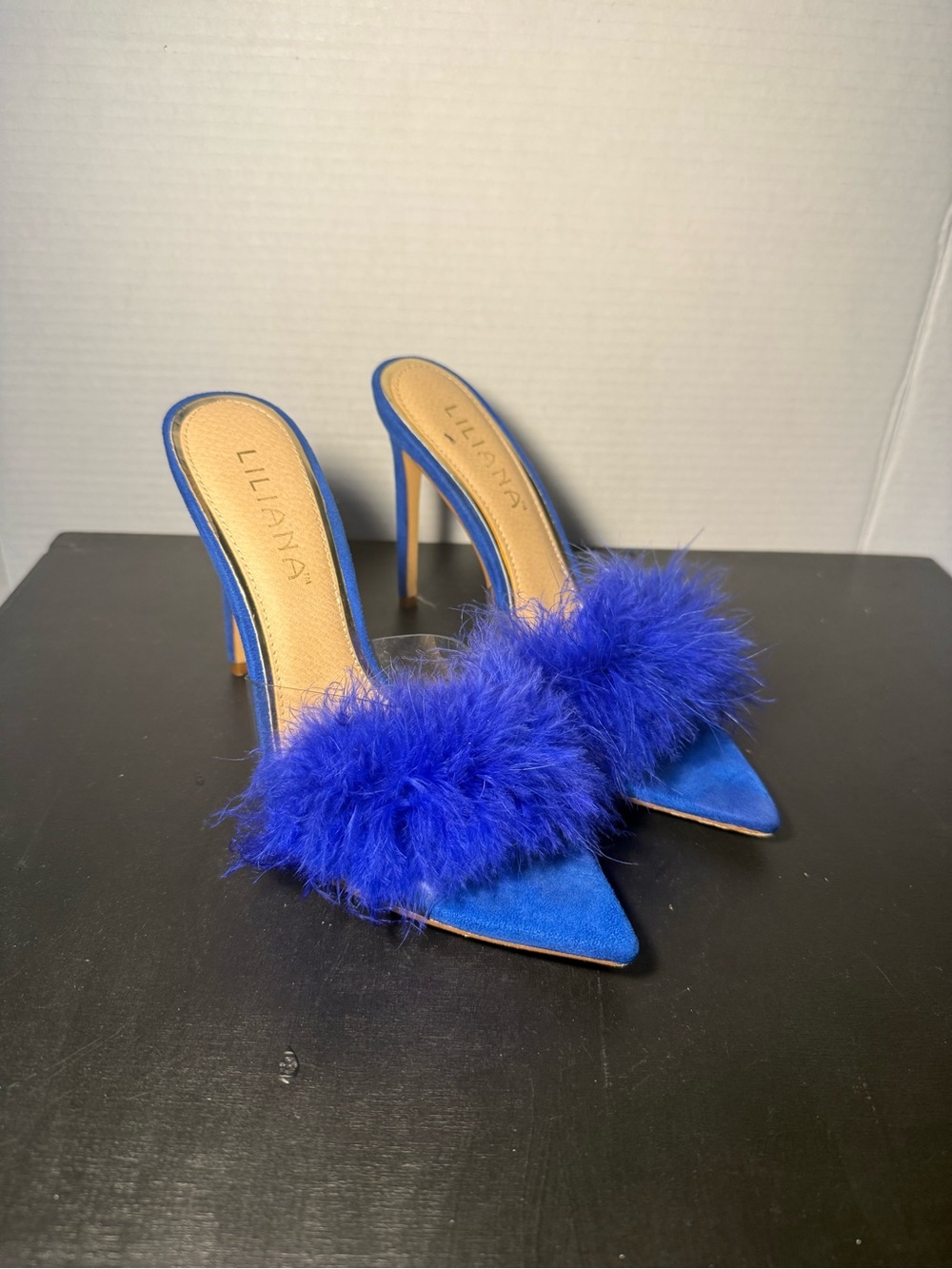 Liliana Royal Blue Feather-Trim High Heel Mules size 8 blue pumps
